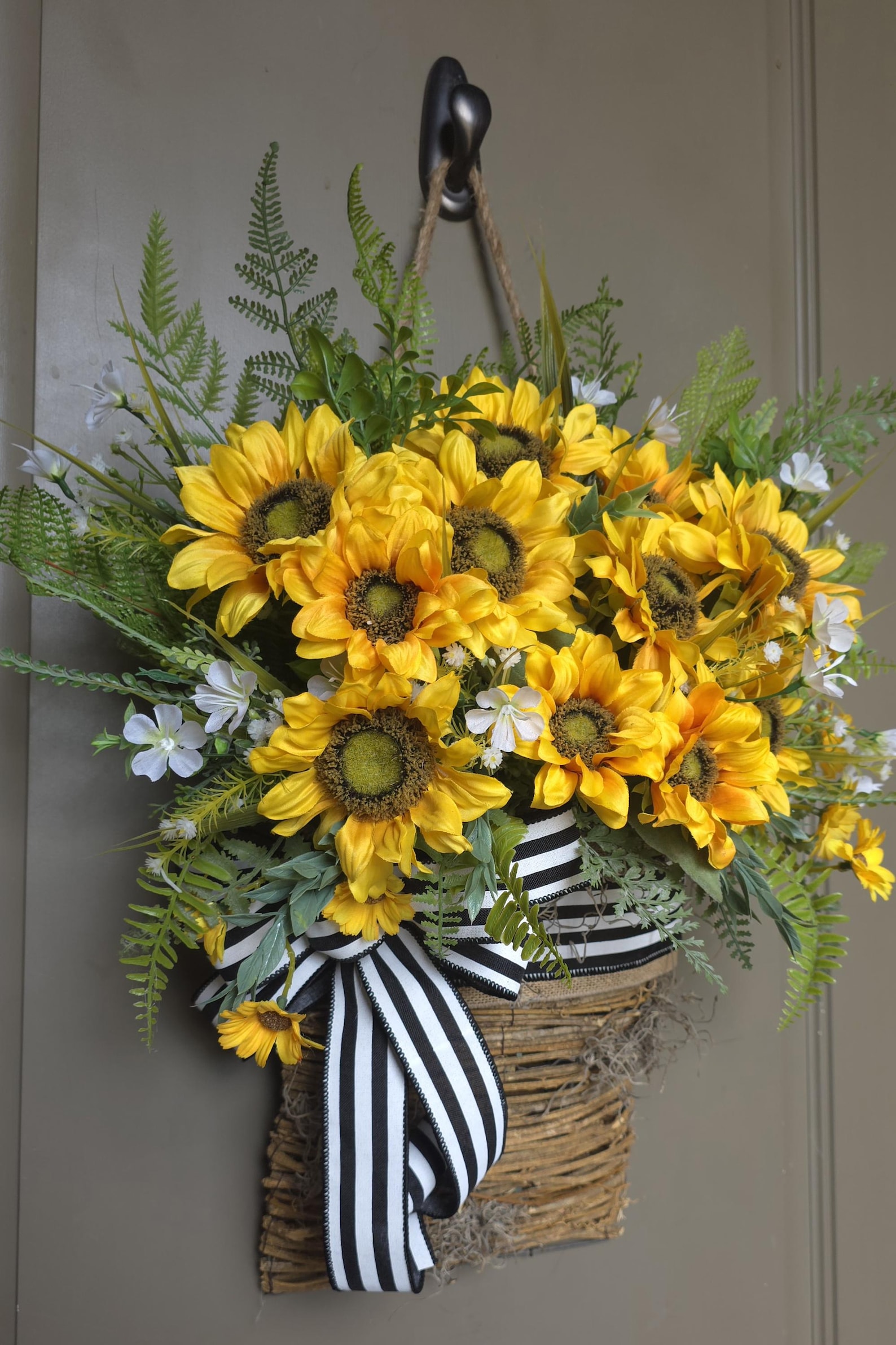 Sunflower Door Basket Wreath, Farmhouse Front Door Decor, Yellow Floral ...