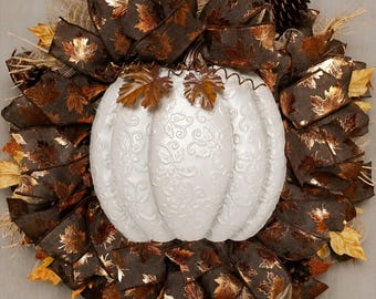 White Pumpkin Fall Wreath, Autumn Front Door Wreath, Rustic Thanksgiving Wreath, Brown & Copper Leaf Wreath, Farmhouse Fall Decor