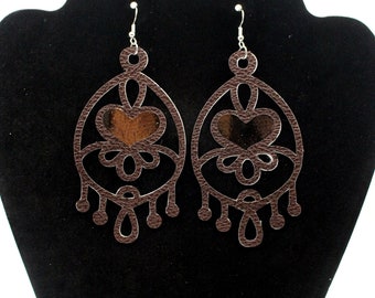 Big Tear Drop With Heart Pebbled Faux Leather Dangle Earrings