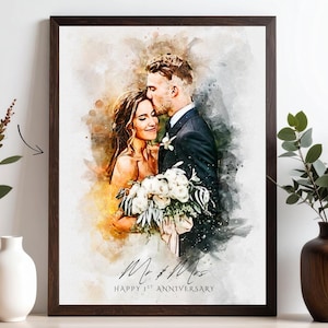 Custom Watercolor Wedding Portrait – 1st Anniversary Gift, From Your Photo