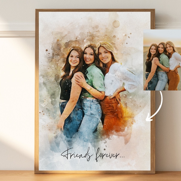 Best Friend Gift, Custom Portrait Birthday Gift, Gift for Her, Personalized Watercolor Painting from Photo, Digital Canvas Print, Wall Art