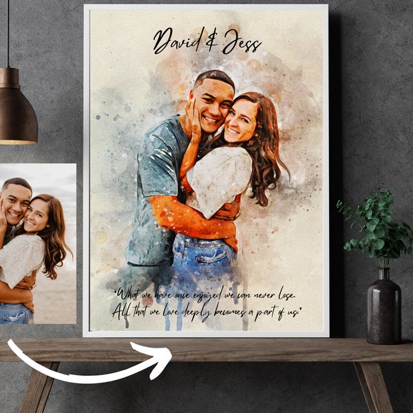 Watercolor Couple Portrait Painting from Photo, 1st Anniversary Gift, Custom Anniversary Gift for Him, Personalized Watercolor Portrait