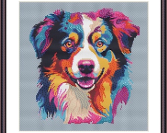 Australian Shepherd Color Pop Cross Stitch Pattern - Dog Embroidery Design Download - Modern Pet Needlecraft Art