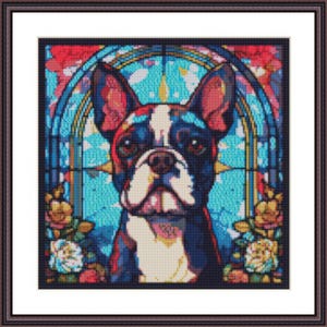 Boston Terrier Stained Glass Style Cross Stitch Pattern - Download PDF Dog Cross Stitch Pattern