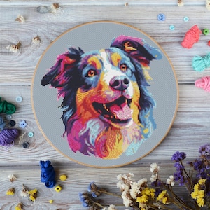 Collie Dog Color Pop Cross Stitch Pattern - Downloadable Dog Cross Stitch Design for Pet Lovers & Gift Makers