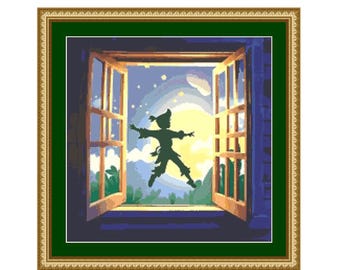 Peter Pan Cross Stitch Pattern - Download Peter Pan flys from the window of Wendy Darlings home