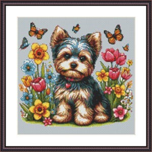 Yorkie In a Garden Cross Stitch Pattern - Download PDF Dog Cross Stitch Pattern