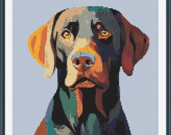 May include: A colorful, abstract portrait of a dog with brown, black, and yellow fur. The dog's eyes are a bright yellow, and its nose is a light blue. The background is a light blue.