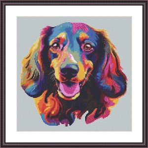 May include: A colorful, abstract painting of a dachshund dog with a pink tongue sticking out. The dog's fur is painted in shades of blue, green, yellow, orange, and red.