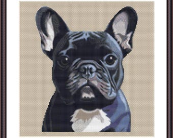Dog Cross Stitch Pattern, French Bulldog Downloadable PDF, Customizable Alphabet Included, Print & Tablet Options