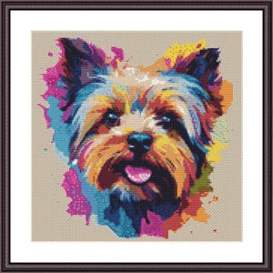 Patrón de punto de cruz, perro Yorkshire Terrier, diseño colorido de punto de cruz para perro, PDF descargable, lista de hilos DMC, regalo para mascotas, obra de arte de Yorkshire Terrier