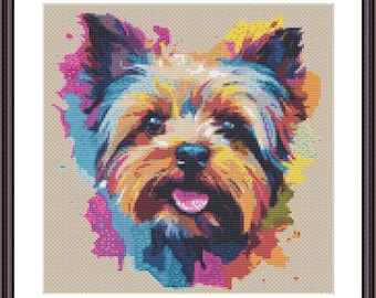 Patrón de punto de cruz, perro Yorkshire Terrier, diseño colorido de punto de cruz para perro, PDF descargable, lista de hilos DMC, regalo para mascotas, obra de arte de Yorkshire Terrier