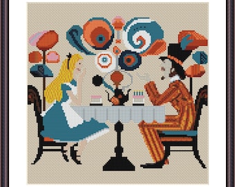Alice&#39;s Adventures in Wonderland Tea Party Cross Stitch Pattern Pop Art Style - Download - needlework