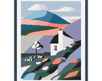 Modern Minimal Mountain Seaside Scene Cross Stitch Pattern - Download - Seaside Scene pattern digital