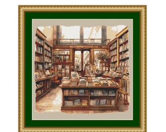 May include: A vintage-style bookstore interior with wooden shelves filled with books. The shelves are arranged in a symmetrical pattern, with a central aisle leading to the back of the store. The walls are painted a warm cream color, and the floor is tiled in a light brown pattern. There are several tables and chairs scattered throughout the store, providing a comfortable space for browsing and reading.