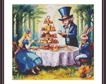 Alice's Adventures in Wonderland Tea Party Cross Stitch Pattern - Download - Alice Cross Stitch Pattern