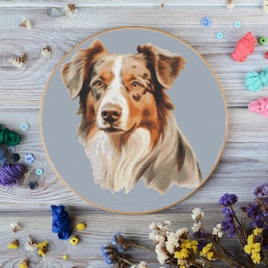 Australian Shepherd Kreuzstichmuster - Hund Kreuzstich Download - süßes Haustier Stickdatei für DIY Handwerk anpassbar