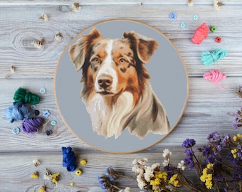Australian Shepherd Cross Stitch Pattern - Dog Cross Stitch Download - Cute Pet Embroidery Design for DIY Craft Customizable