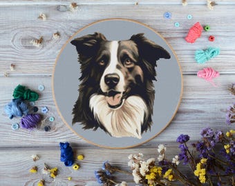 Collie Cross stitch pattern - Border Collie dog embroidery design, instant download, pet cross stitch art kit