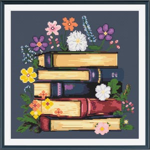 Flowering Bookstack Cottage core Cross Stitch Pattern - Cross Stitch Pattern PDF Download