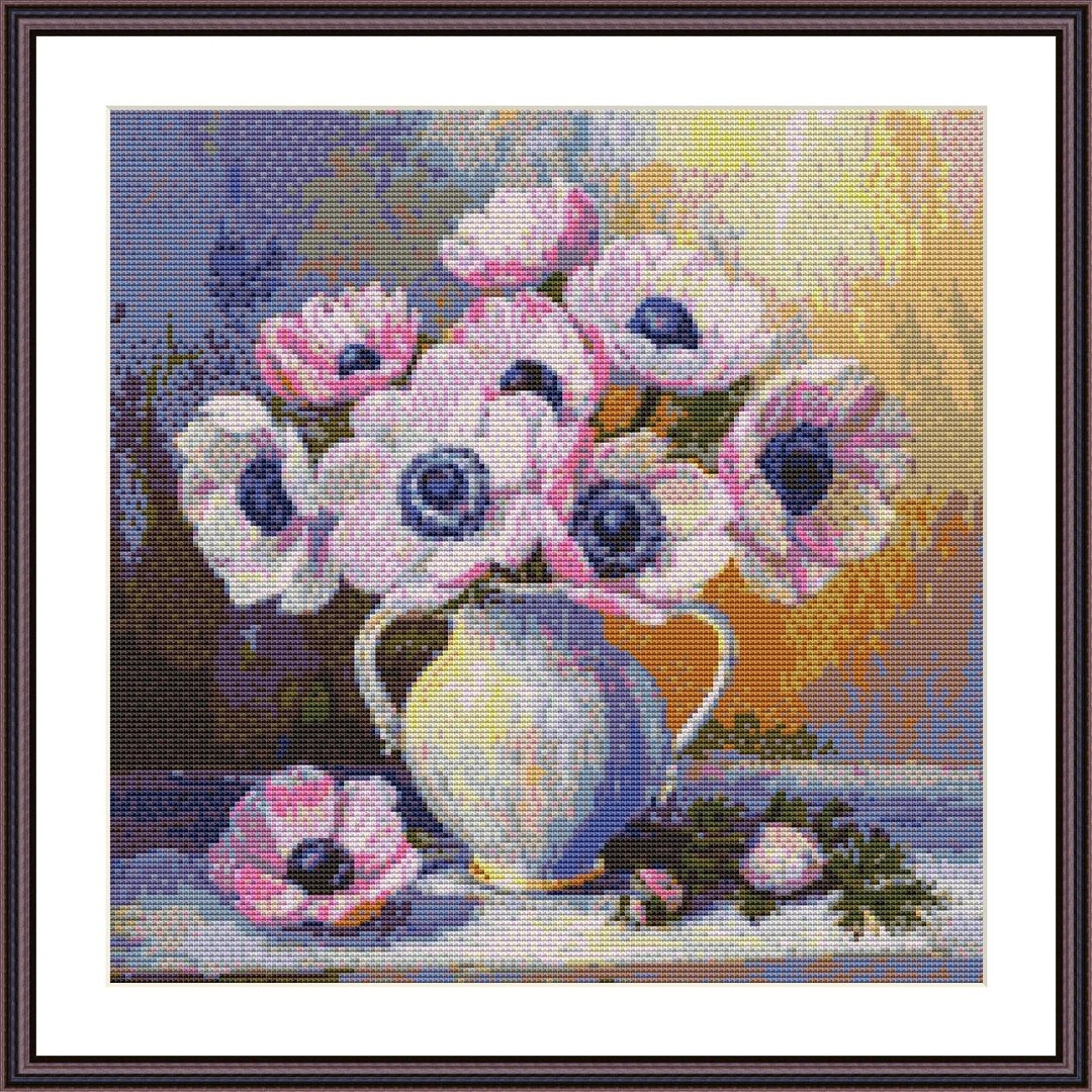 Vase of Anemones Cross Stitch Pattern - Download - Flower Anemones ...