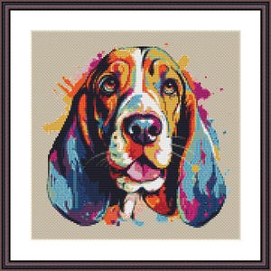 May include: A colourful, abstract painting of a basset hound dog. The dog's face is the focal point of the painting, with splashes of colour around it.