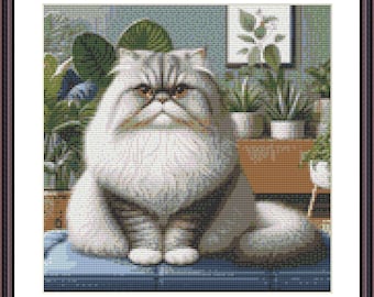 ペルシャ猫の水彩画風クロスステッチ図案 - デザインサイズ：200×200