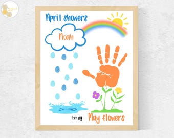 April Showers Handprint Fingerprint Craft, April Showers Craft for Toddlers Preschool Daycare, Spring April Crafts, May Flowers Handprint