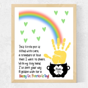 Gold St Patrick's Day Handprint Art Poem, DIY St Patricks Day Craft for Toddlers Preschool Baby Infant, Rainbow Pot of Gold Handprint Craft
