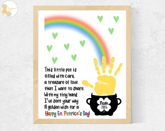 Poesia artistica con impronte di mani dorate per il giorno di San Patrizio, lavoretto fai da te per il giorno di San Patrizio per bambini in età prescolare, lavoretto con impronte di mani con pentola d'oro arcobaleno