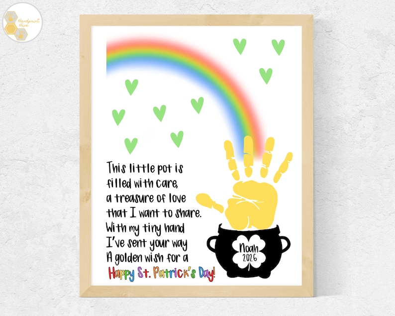 Gold St Patrick's Day Handprint Art Poem, DIY St Patricks Day Craft for Toddlers Preschool Baby Infant, Rainbow Pot of Gold Handprint Craft image 1