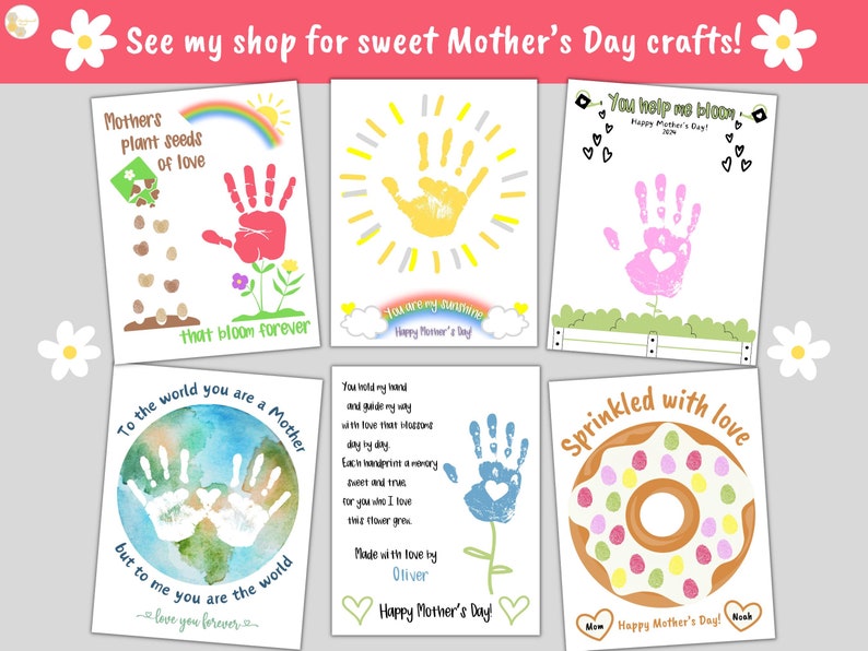 May include: Six printable Mother's Day cards featuring handprint crafts. The cards include a flower with seeds, a sun with a rainbow, a flower with a heart, a globe, a flower with a heart, and a donut with sprinkles. The cards are decorated with colorful illustrations and text.