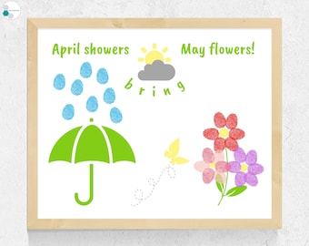 Manualidad de huellas dactilares de primavera para niños pequeños, niños en edad preescolar, jardín de infantes/Las lluvias de abril traen flores de mayo Arte artesanal/Manualidad preescolar de primavera