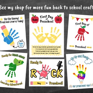 May include: A set of ten printable cards featuring handprint art for preschoolers. The cards have different themes, including "Hip Hip Hooray! Preschool starts today!" with a blue handprint and pencil, "First Day of Preschool" with a yellow handprint, "Ready for ROAR-SOME Learning Adventures!" with a green handprint and dinosaur, "Ready to ROCK Preschool!" with a red handprint and a star, and "Up Up and Ready for Preschool Fun!" with a rainbow handprint and a hot air balloon.