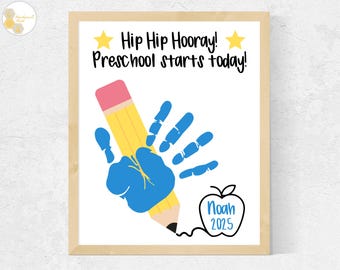 Preschool First Day Handprint Craft, Back to School Handprint Art, First Day Craft Preschool Craft, Pencil Handprint Art, First Day Activity