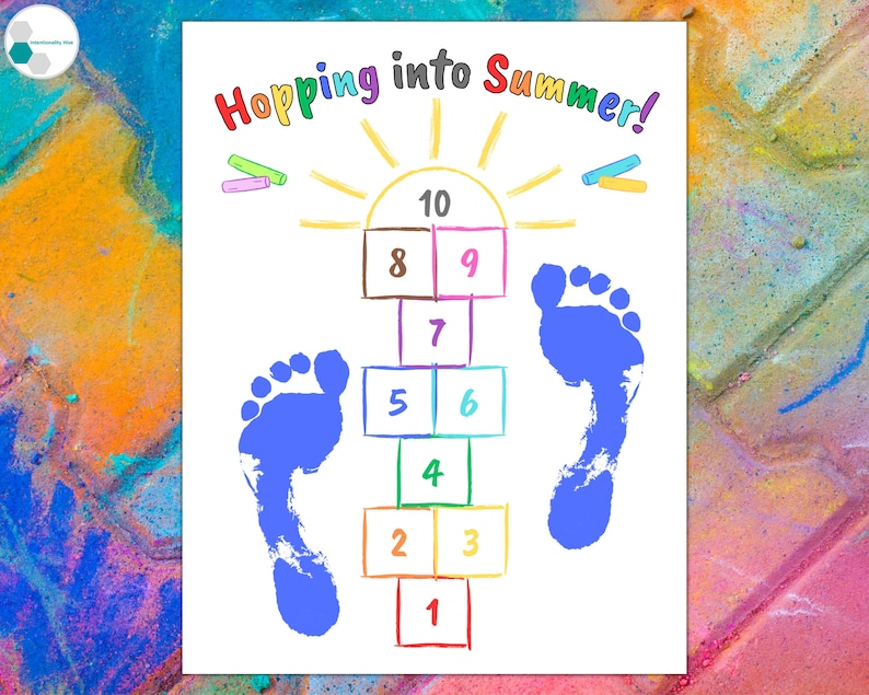 May include: A printable hopscotch game with a sun and the words "Hopping into Summer!" at the top. The hopscotch squares are numbered 1 through 10 and are colored in different shades of pink, blue, green, yellow, and brown. The game is designed to be played outdoors on a sidewalk or driveway.