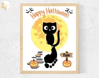 Halloween Footprint Craft Printable, Black Cat Halloween Craft for Toddlers