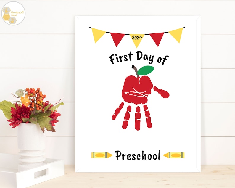 First Day of Preschool Handprint Craft Apple, Back to School Handprint Art, Back to Preschool Craft, 1st Day of Preschool Activity Printable image 6