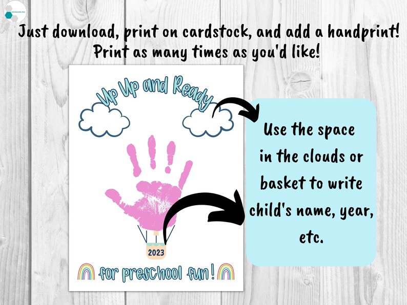 May include: Printable handprint craft for preschoolers. The design features a hot air balloon with clouds and the text "Up Up and Ready" and "2023 for preschool fun!"  Use the space in the clouds or basket to write the child's name, year, etc.