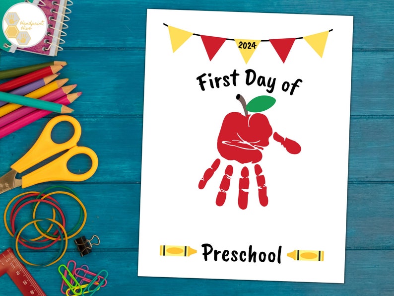 First Day of Preschool Handprint Craft Apple, Back to School Handprint Art, Back to Preschool Craft, 1st Day of Preschool Activity Printable image 2