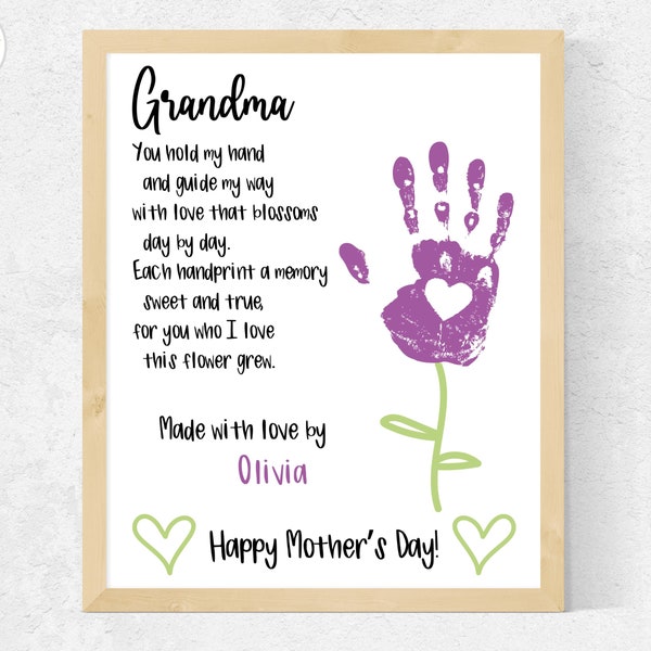 Grandma Mother's Day Handprint Art Poem, Grandma Handprint Mother's Day Card Craft, Flowers for Grandma Gift from Toddler Baby Grandchild