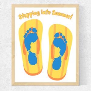 Zomer voetafdrukken ambacht, stap in de zomer ambacht voor peuters kinderen baby voorschoolse opvang strandkamp, flip flop voetafdruk kunst afdrukbaar
