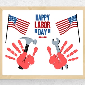 Lavoretto con impronte di mani per la Festa del lavoro per i più piccoli Asilo nido per bambini in età prescolare, Lavoretto con impronte di mani per la Festa del lavoro felice, Biglietto di attività stampabile per la Festa del lavoro