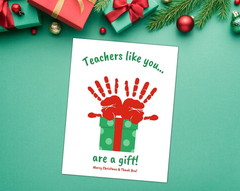 Preschool Teacher Christmas Gift Handprint Card, Toddler Teacher Gift, Daycare Teacher Gift, Teacher Thank You Card, Christmas Handprint image 2