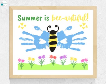 May include: A handprint art project depicting a bee with the text "Summer is bee-autiful!" surrounded by yellow hearts and flowers.