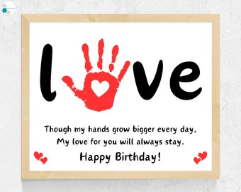 Manualidad con huellas de manos de cumpleaños de amor, huella de manos de cumpleaños para mamá, abuela, papá, abuelo, tarjeta de cumpleaños con huellas de manos, artesanía con huellas de manos para bebés pequeños