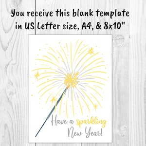 May include: A white card with a yellow and gray firework illustration and the text "Have a sparkling New Year!"