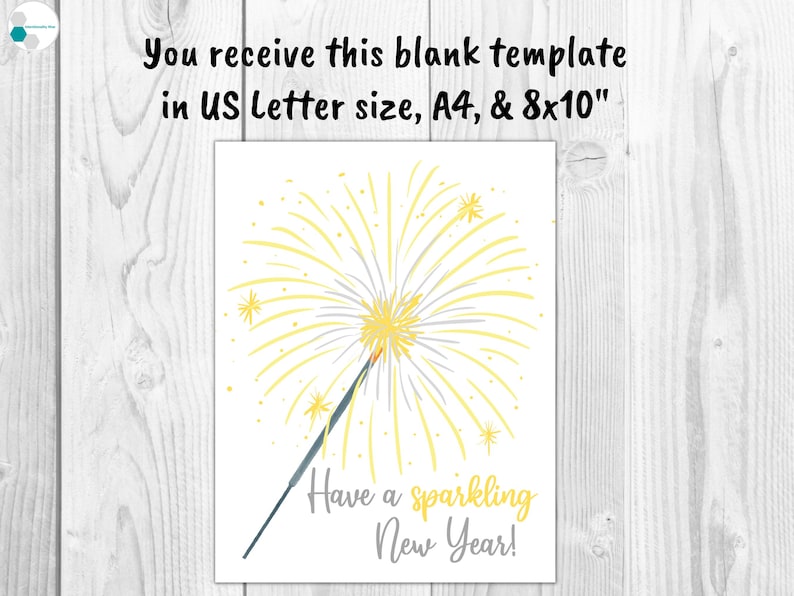 May include: A white card with a yellow and gray firework illustration and the text "Have a sparkling New Year!"
