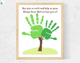 May include: A framed print with a handprint tree design. The text reads "You give us roots and help us grow. Always know that we love you so!"