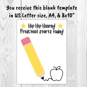 May include: A printable template for a preschool welcome sign. The sign features a yellow pencil with a pink eraser, a black and white apple, and the text "Hip Hip Hooray! Preschool starts today!" in black text.